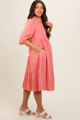 Coral Button Front Maternity Dress