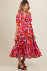 Fuchsia Floral Button Front Smocked Waist Tiered Maternity Midi Dress