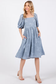 Blue Textured Floral Square Neck Puff Sleeve Dress