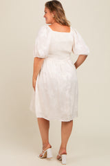 Cream Textured Floral Square Neck Puff Sleeve Maternity Plus Dress