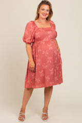 Mauve Textured Floral Square Neck Puff Sleeve Maternity Plus Dress