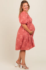 Mauve Textured Floral Square Neck Puff Sleeve Maternity Plus Dress