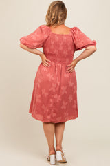 Mauve Textured Floral Square Neck Puff Sleeve Maternity Plus Dress