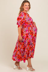 Fuchsia Floral  Button Front Smocked Waist Ruffle Maternity Plus Maxi Dress