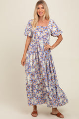 Blue Floral Ruffle Accent Maternity Maxi Dress