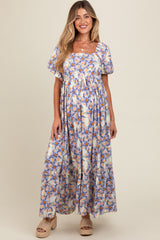 Blue Floral Ruffle Accent Maternity Maxi Dress