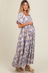 Blue Floral Ruffle Accent Maternity Maxi Dress