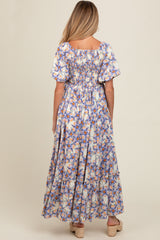 Blue Floral Ruffle Accent Maternity Maxi Dress