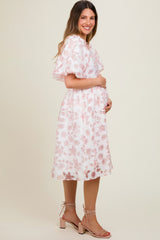 Pink Floral Puff Sleeve Maternity Dress