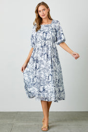 Blue Floral Square Neck Short Puff Sleeve Midi Dress