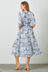 Blue Floral Square Neck Short Puff Sleeve Midi Dress