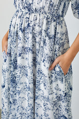 Blue Floral Square Neck Short Puff Sleeve Midi Dress