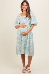 Mint Green Floral Embroidered Short Puff Sleeve Maternity Dress