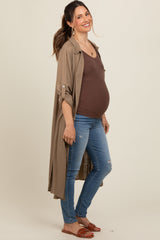 Mocha Collared Button Down Long Maternity Blouse