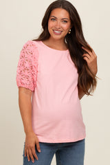 Light Pink Floral Mesh Sleeve Maternity Blouse