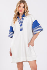 White Striped Color Block Collared Terry Dress