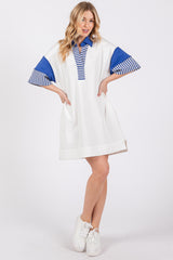 White Striped Color Block Collared Terry Dress