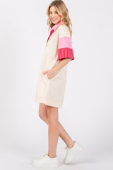 Cream Striped Color Block Collared Terry Dress