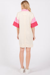 Cream Striped Color Block Collared Terry Dress