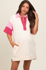 Cream Striped Color Block Collared Terry Maternity Dress