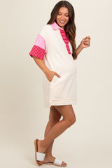 Cream Striped Color Block Collared Terry Maternity Dress