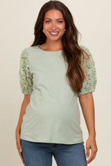 Light Olive Floral Mesh Sleeve Maternity Blouse