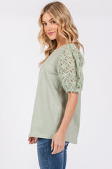 Light Olive Floral Mesh Sleeve Blouse