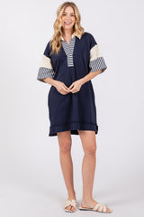 Navy Blue Striped Color Block Collared Terry Dress