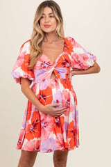 Pink Puff Sleeve Front Twist Maternity Mini Dress