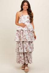 Mocha Leaf Print Square Neck Cut-Out Back Ruffle Tiered Maternity Midi Dress