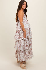 Mocha Leaf Print Square Neck Cut-Out Back Ruffle Tiered Maternity Midi Dress