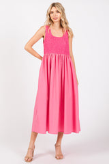 Pink Textured Scoop Neck Sleeveless Midi Dress