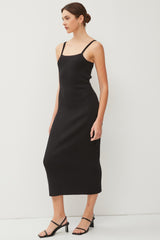 Black Knit Open Tie Back Midi Dress