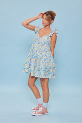 White Blue Flower Print Heart Shape Bodice Baby Doll Dress