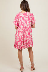 Pink Button Down Pleated Leaf Print Maternity Dress