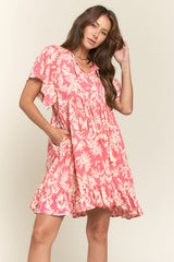 Pink Button Down Pleated Leaf Print Dress