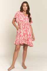 Pink Button Down Pleated Leaf Print Dress