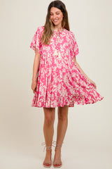 Pink Button Down Pleated Leaf Print Maternity Dress