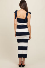 Navy Bow Shoulder Stripe Sweater Maternity Maxi Dress