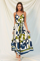 Navy Abstract Print Satin Waist Tie Maternity Dress