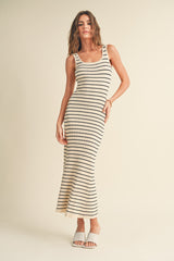 Cream Striped Pattern Sleeveless Knitted Maternity Long Dress