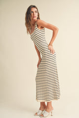 Cream Striped Pattern Sleeveless Knitted Long Dress