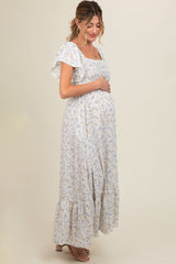 Ivory Floral Smocked Crochet Trim Maternity Dress