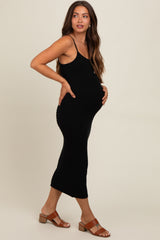 Black Fitted Spaghetti Strap Maternity Midi Dress