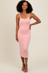 Pink Fitted Spaghetti Strap Maternity Midi Dress