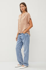 Taupe V-Neck Collared Short Sleeve Button Down Shirt