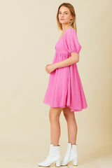 Pink Textured Puff Sleeve Sweetheart Neckline Dress