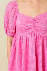 Pink Textured Puff Sleeve Sweetheart Neckline Dress