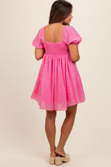 Pink Textured Puff Sleeve Sweetheart Neckline Maternity Dress