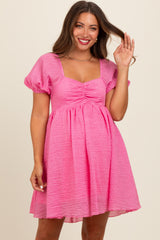 Pink Textured Puff Sleeve Sweetheart Neckline Maternity Dress